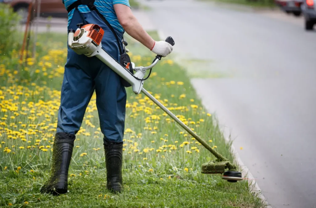 rear view man overalls with gas mower mowing grass lawn 1@2x