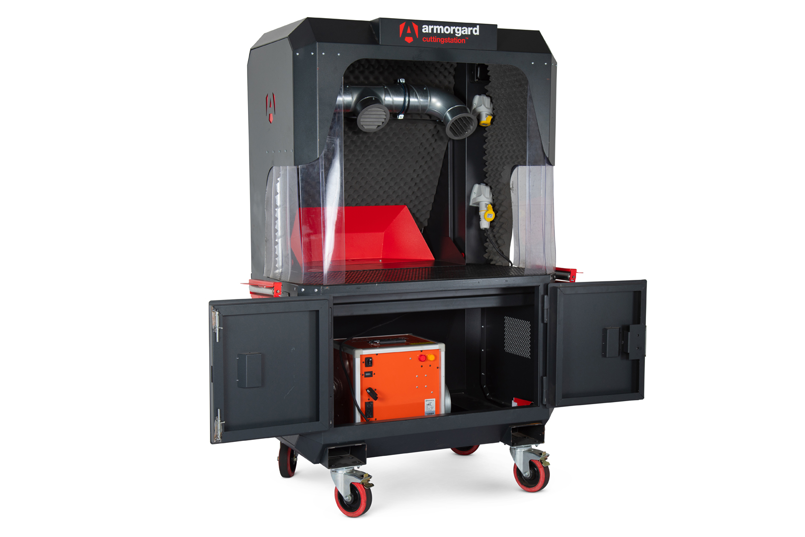 Armorgard Cutting station in black with the bottom doors of it opened and an extractor near the top of the cutting station.