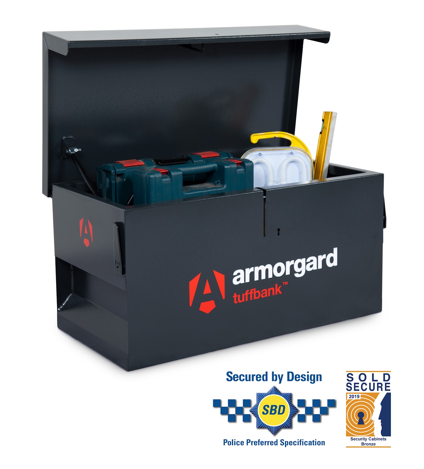 An Armorgard tuffbank with tools inside the storage, with Secured by Design logo on the bottom of the image