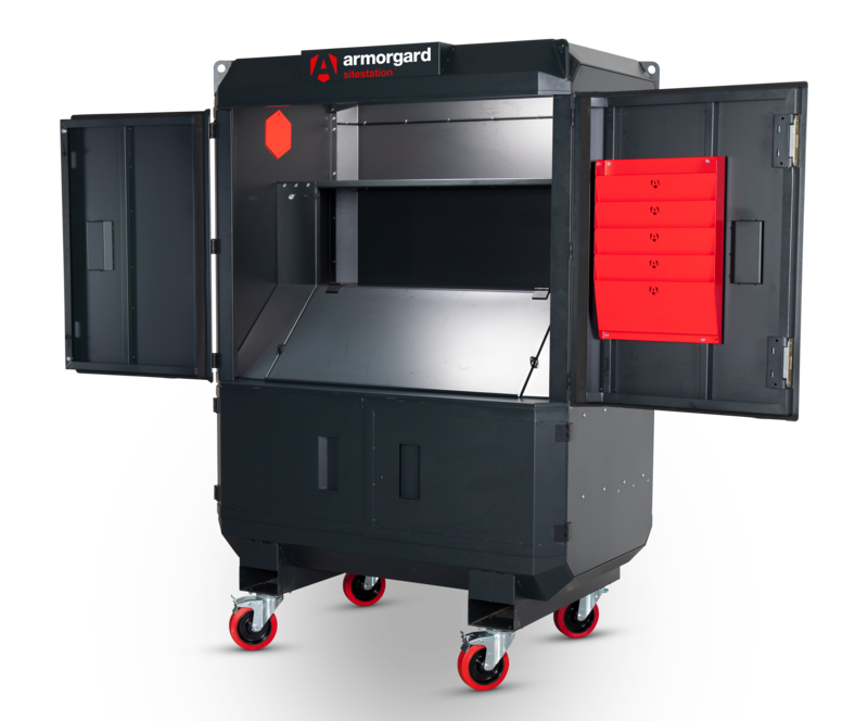 Armorgard SS2 front right upper doors open flap down light on