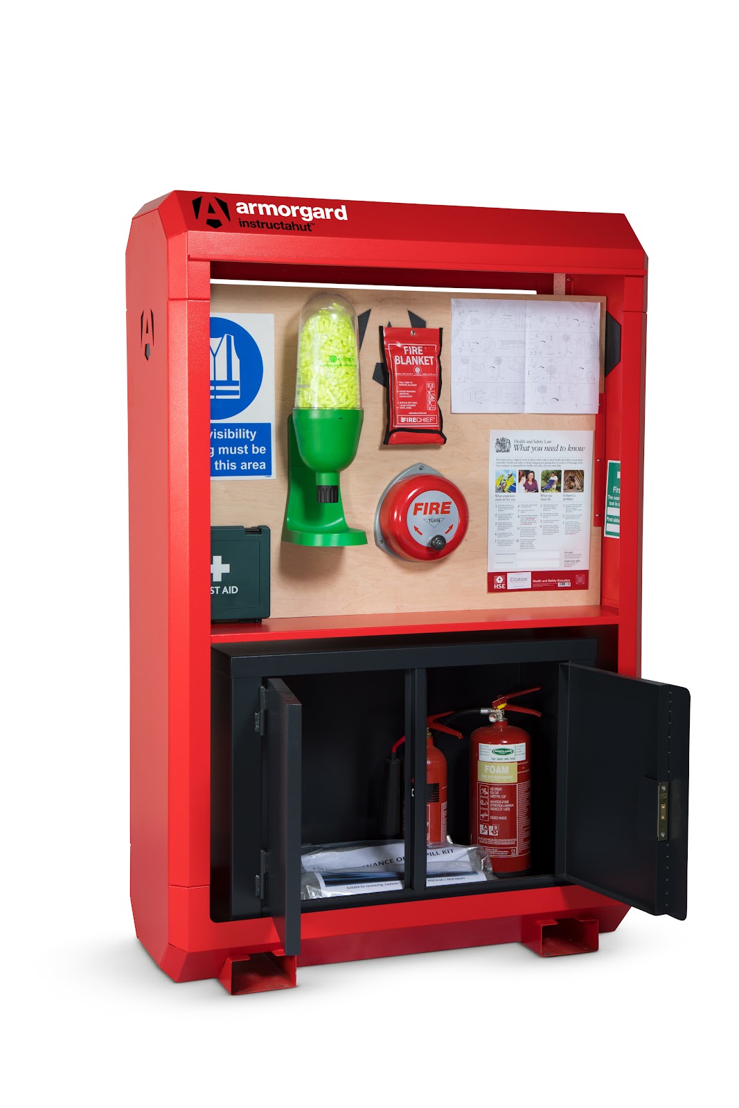 Armorgard instructahut showing has some documents and health and safety equipment such as a first aid kit, fire blanket and a couple fire extinguishers
