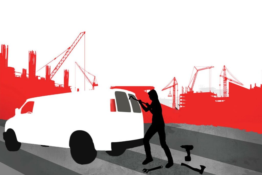 An animated image showing a figure breaking into the back of a van with tools at the thiefs feet, the background is appearing to be building sites with cranes
