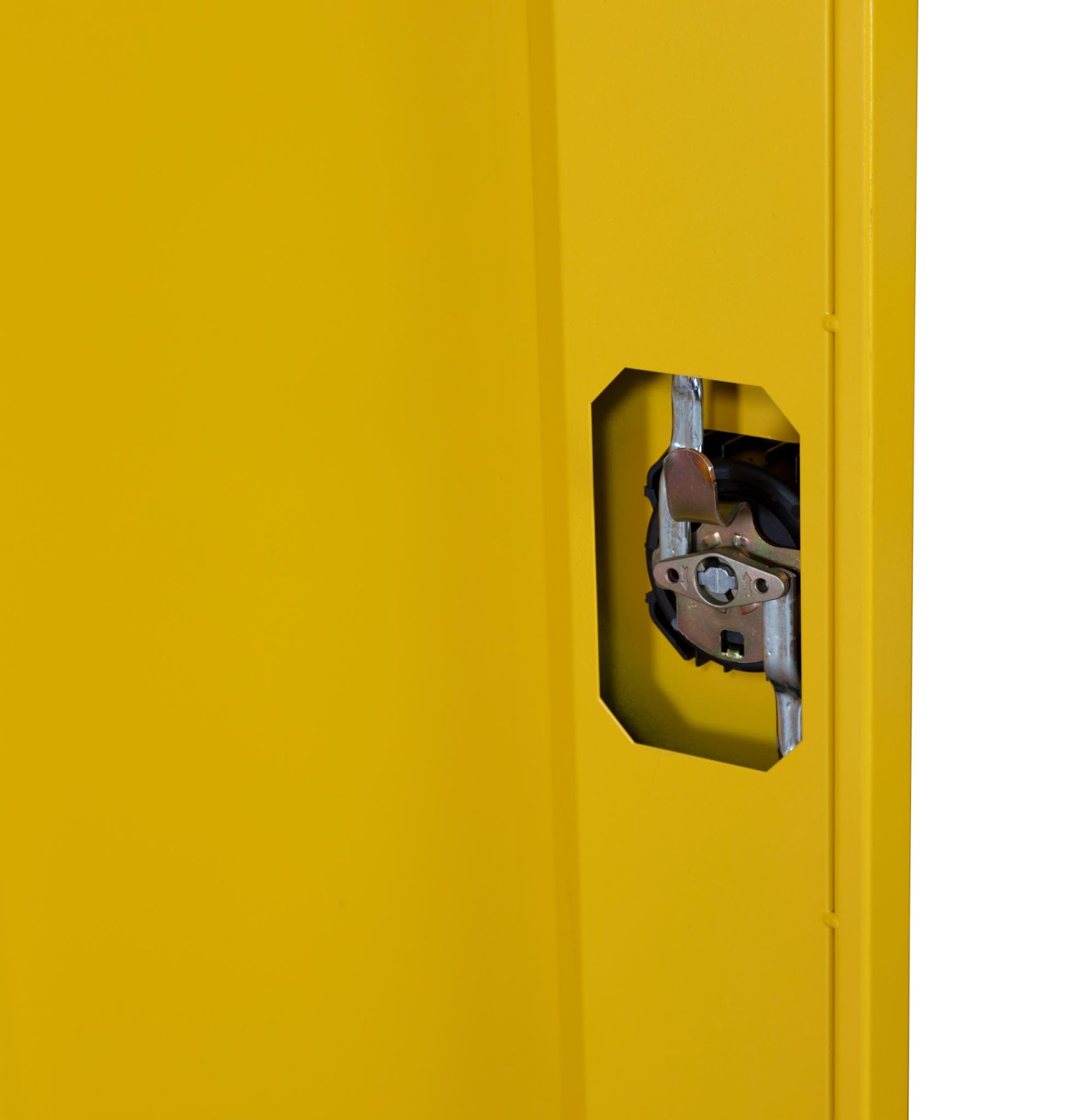A close up of a 3 point locking system on the safestor