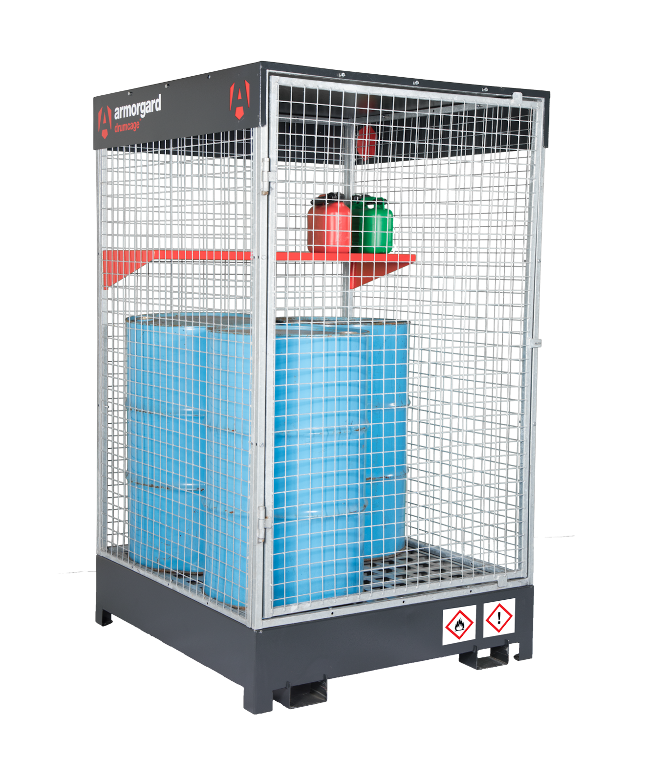 A locked unit with fence type walls and 3 blue industrial drums inside this locked unit