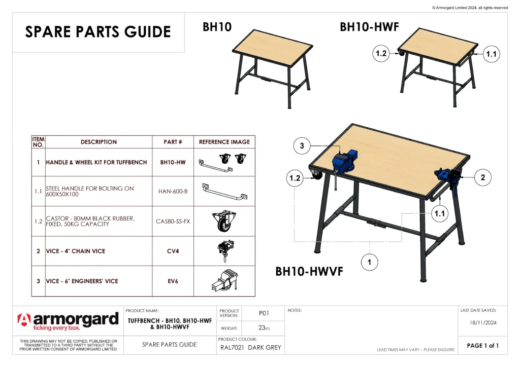 TuffBench BH10 Spare Parts Guide