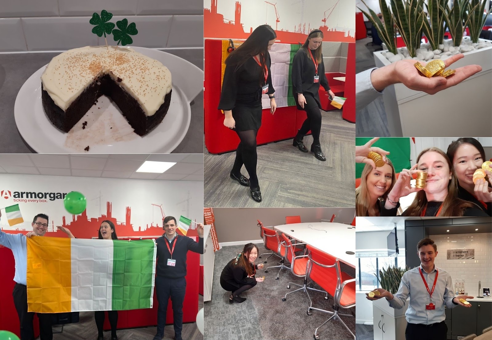 A collage of images, one is a cake with some decorative clovers, another is 3 people holding an Irish flag, two people what appears to be trying to tap dance, another image is a hand holding some gold coins, another image is 3 people posing for the camera and holding up some gold coins, another image is a person kneeling down by some office chairs and the final image is a person smiling and holding out gold coins in each hand