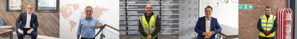 5 people in 5 different images edited into one long one, it shows people that are in different professions at Armorgard, this includes people in suits and people in hi vis vests