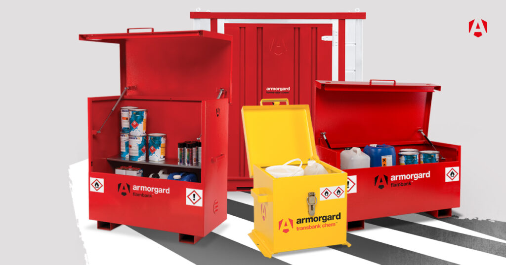4 different Armorgard storage containers 3 of which are red and one yellow one in the middle of them, two flambank, 1 transbank chem and 1 Forma-Stor COSHH