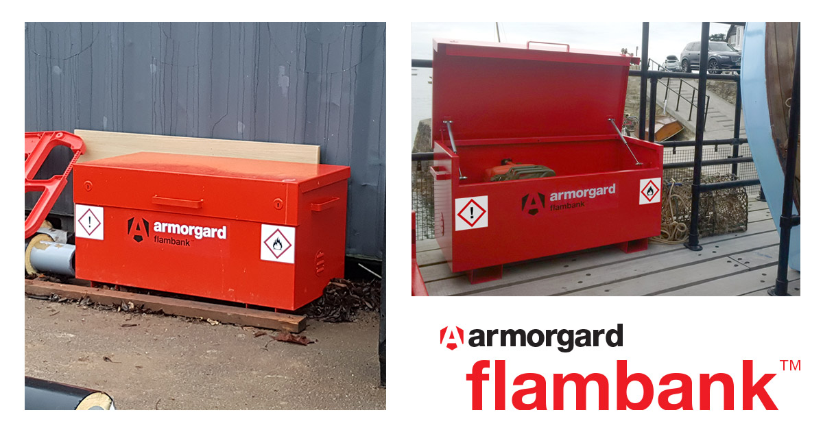 two images in one of armorgard flambanks, one flanbank is closed the other is open and you can see some fuel canisters in there, at the bottom of the image is Armorgard branding and underneath that says flambank