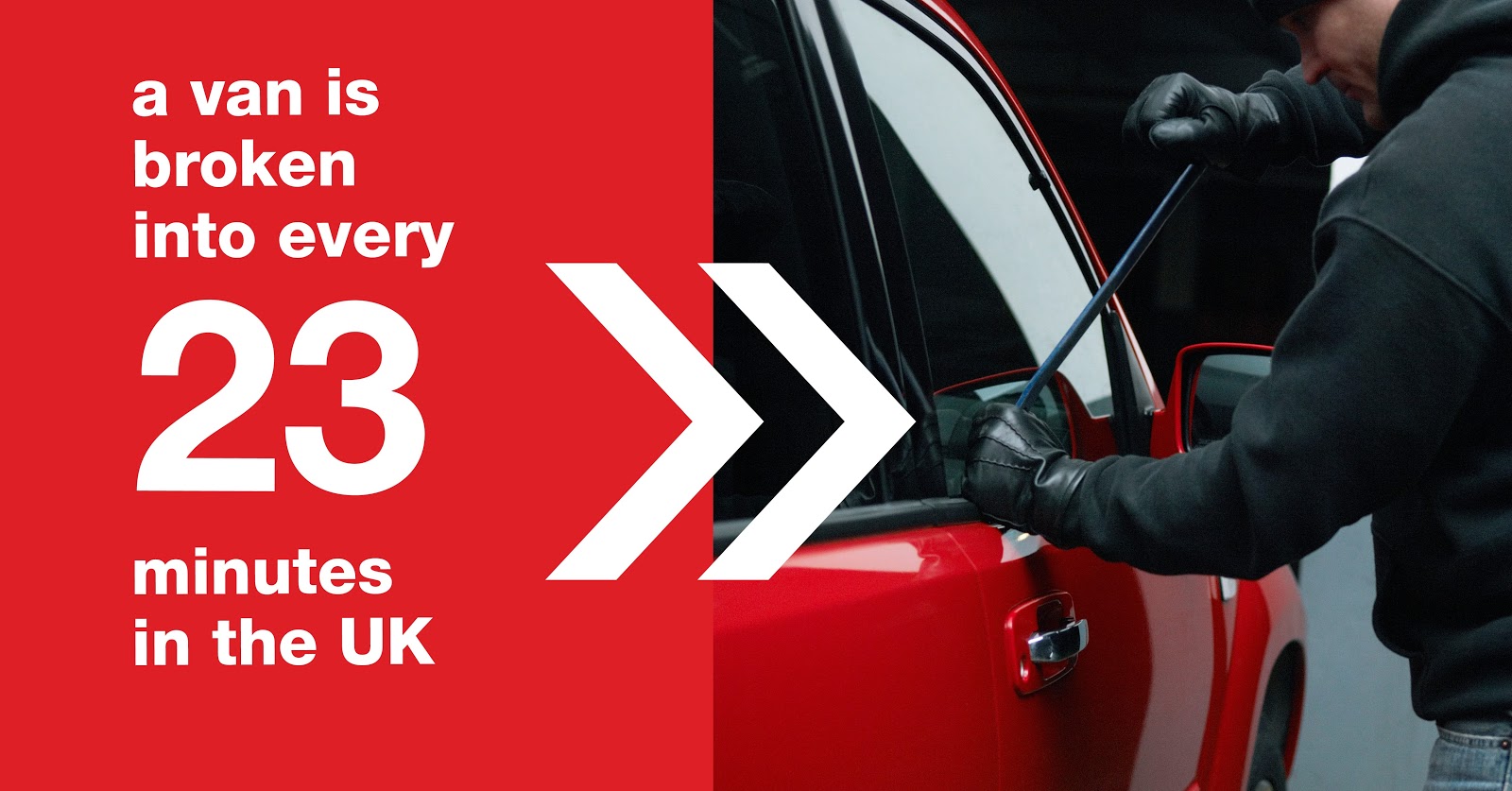 An image of a supposed thief trying to break into a car with a crow bar and there is text saying 'A van is broken into every 23 minutes in the UK'