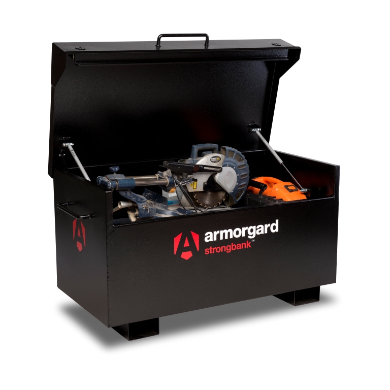 Black Armorgard Strongbank with the door open and with equipment such as a saw on the inside