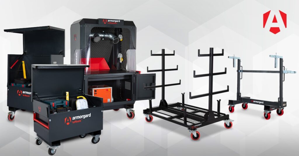 A range of 5 Armorgard products all in the colour black with red accents. An Armorgard logo is in the top right corner of the image