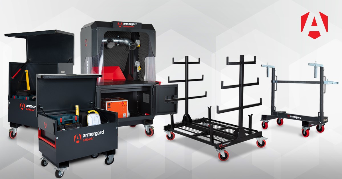 A range of 5 Armorgard products all in the colour black with red accents. An Armorgard logo is in the top right corner of the image