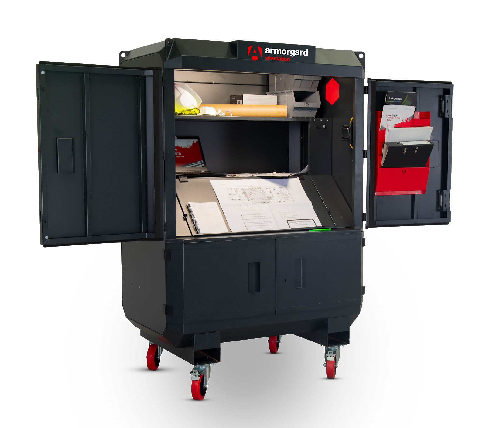 Armorgard sitestation on swivel wheels and the doors open showing documents and folders on the inside of the site station