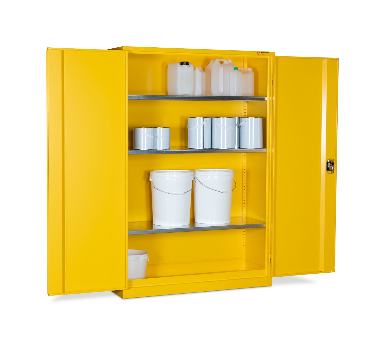 A yellow SafeStor with opened doors showing white buckets and white paint tins as well as some clear canisters all on the shelves of the SafeStor, the background is just plain white