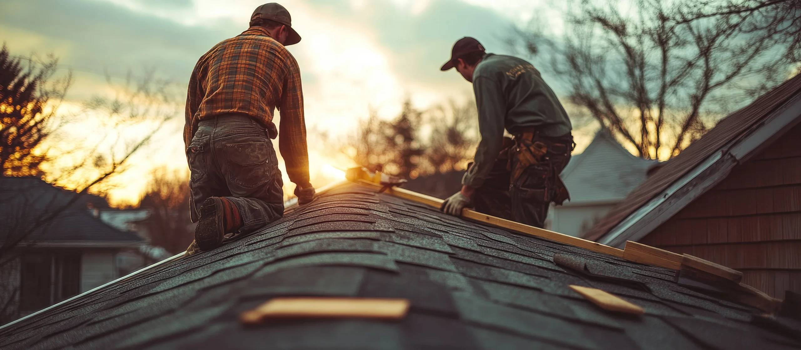 Two Roofers Working Residential Roof Sunset