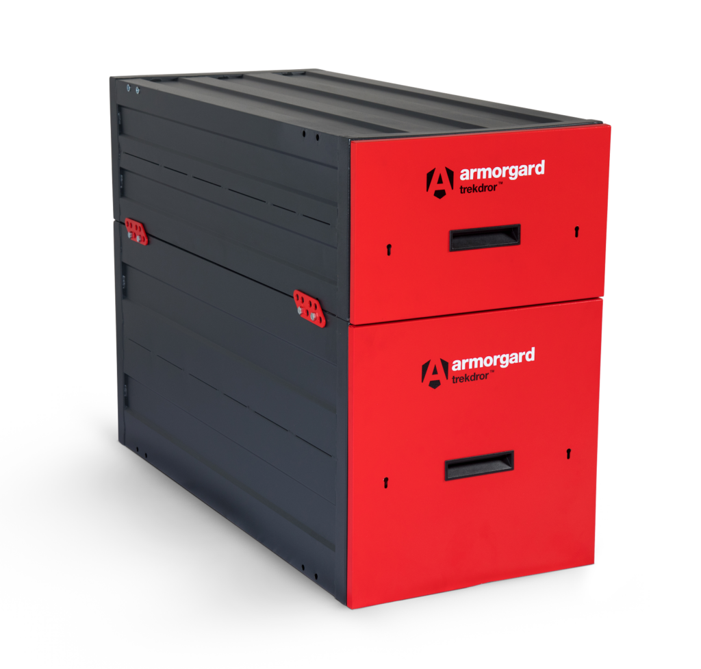 Armorgard Trekdror which is branded with the company logo and colours, the draws are red and the sides are black, the background is transparent