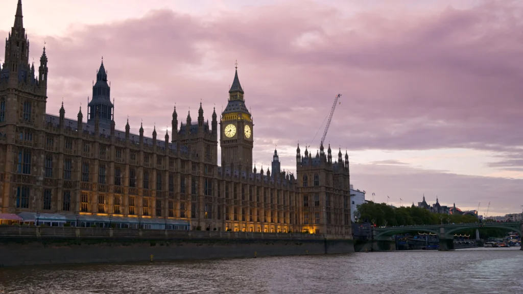 View London From Floating Boat Thames River Sunset United Kingdom Westminster
